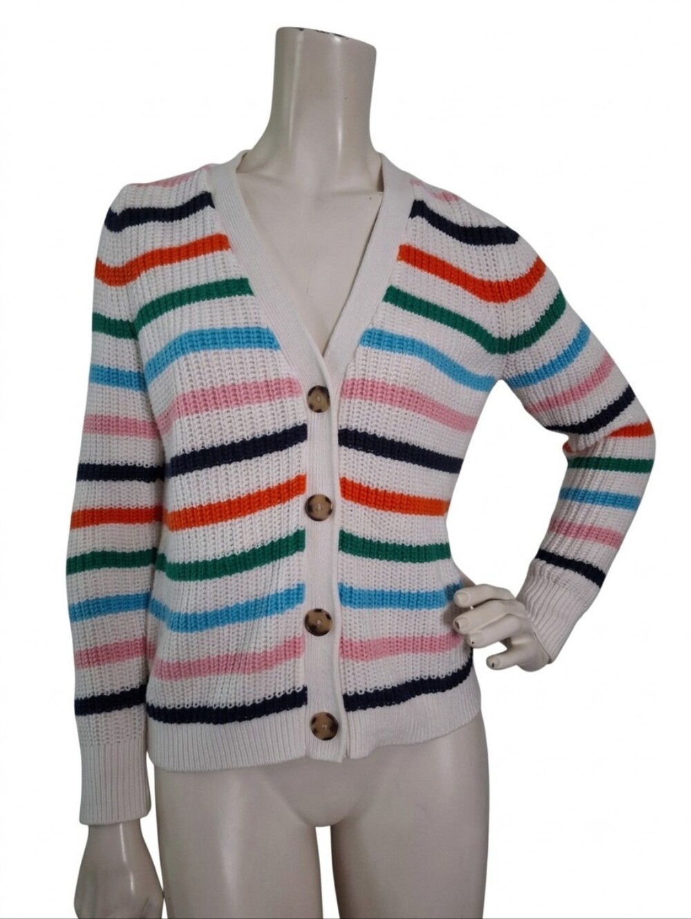 Loft Chunky Striped Knit Button-Down Cardigan Sweater Rainbow Stripes Petite S